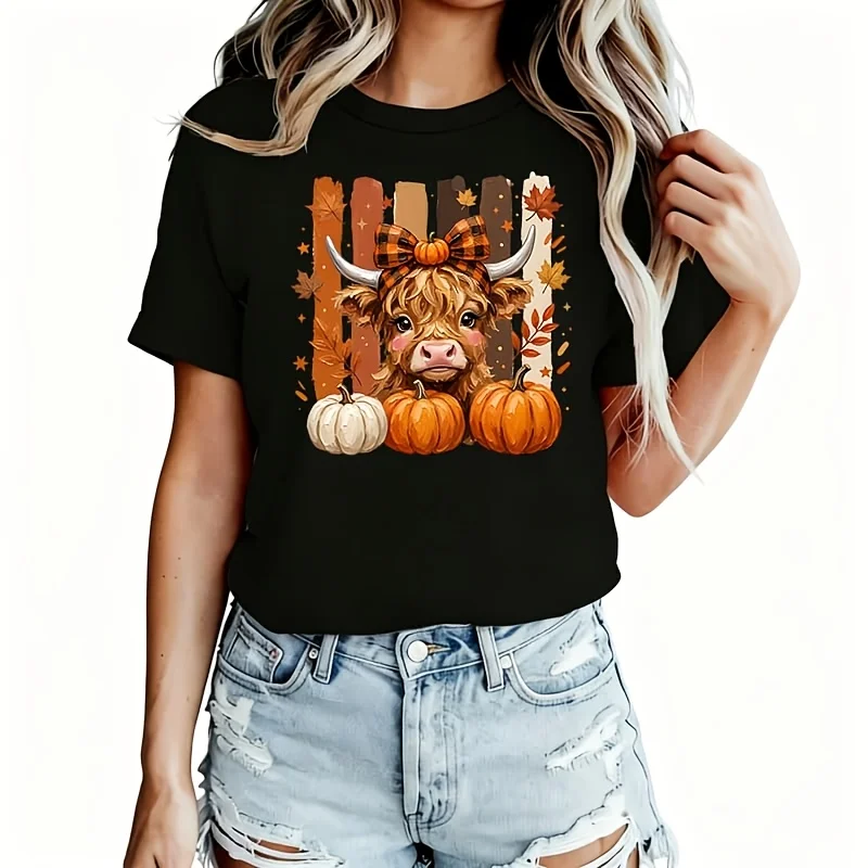 Highland Cow Fall Women's T-Shirt 100% Cotton Funny Graphic Short Sleeve Tee Novelty Shirt Casual Crew Neck Top S-5Xl