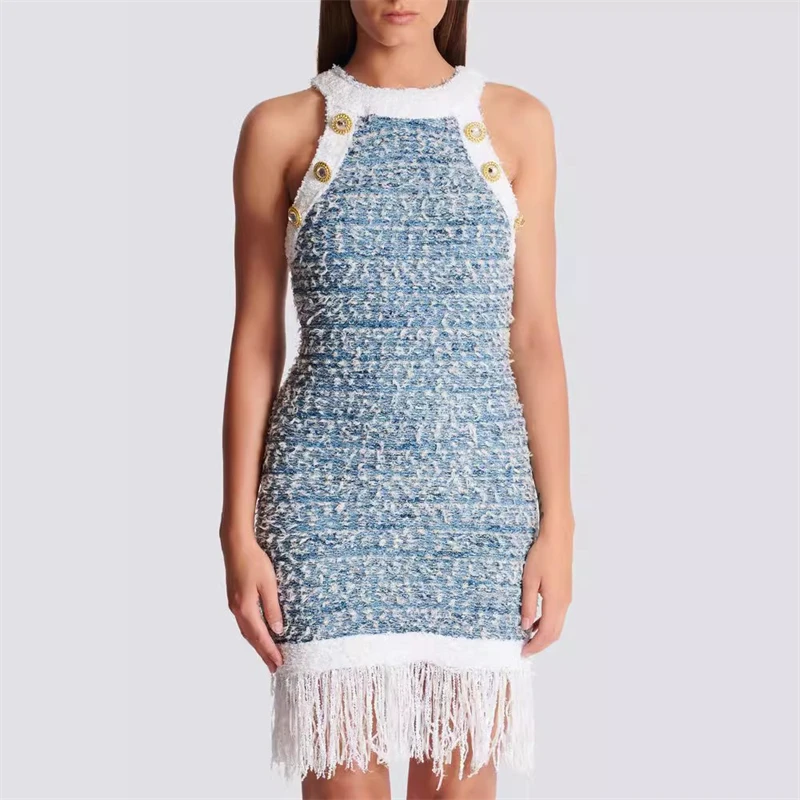 

2024 summer new women's contrast stitching blue tassel tweed vest dress y2k high quality fashion commuting backless mini skirt