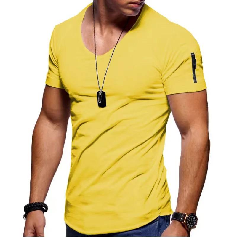 New Men\'s Short Sleeved V-neck T-shirt Men\'s Solid Color Slim Fit Base Shirt Sleeve Zipper Fashionable Sports T-shirt