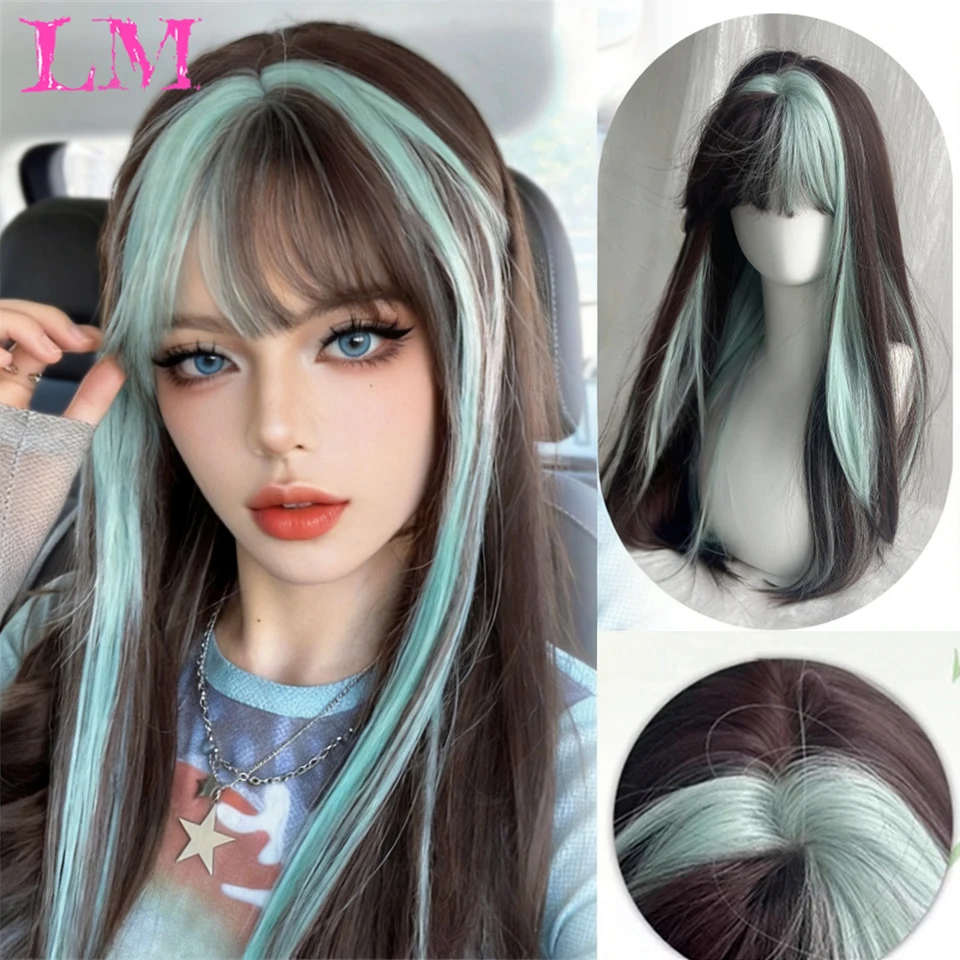 LM Synthetic Wig Long Straight Wigs Air Bangs Temperament Trim Face Black Beige Long Hair Synthetic Fiber Full Head Cover Woman