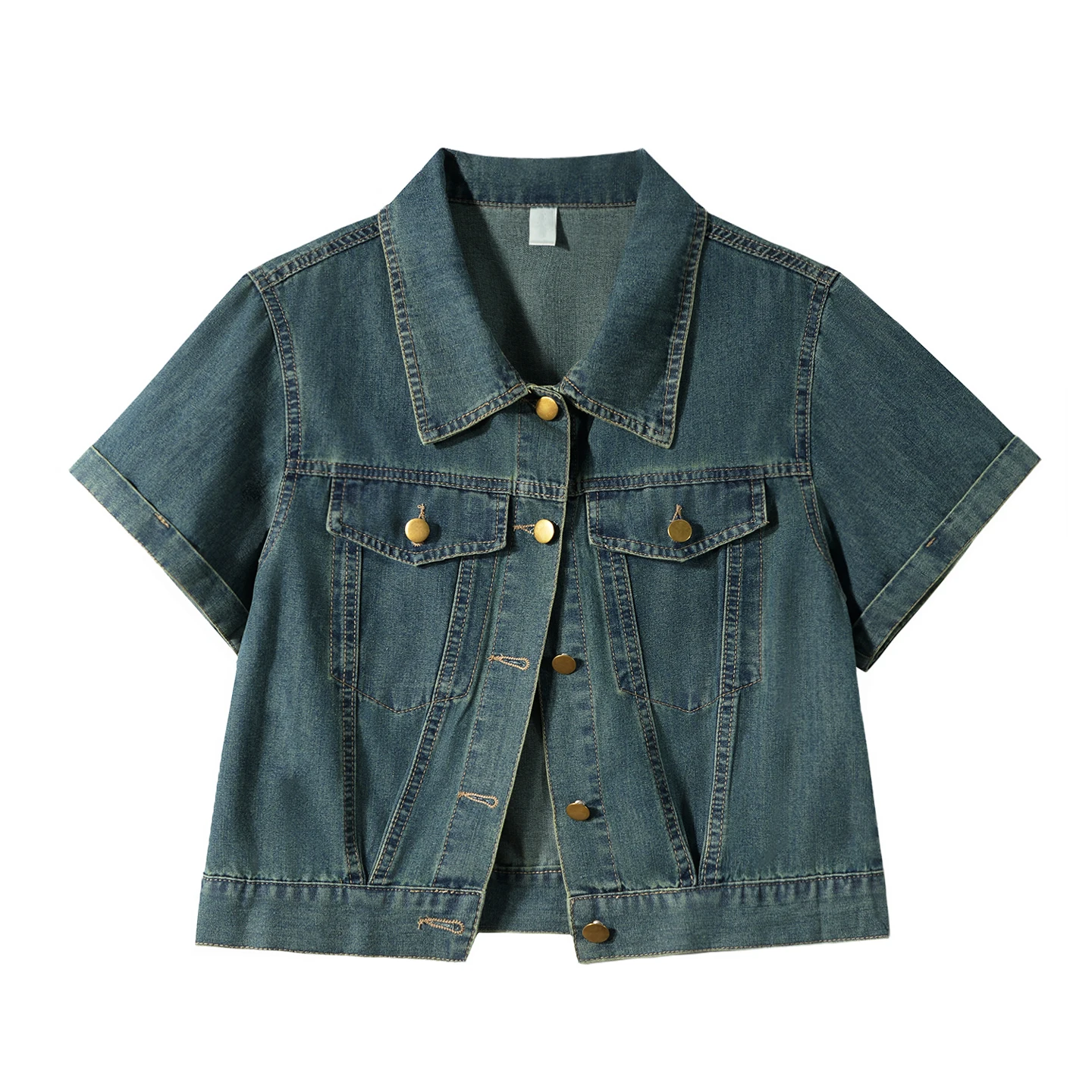 

Women Half Sleeve Denim Jacket Summer New American High Street Casual Loose Short Tops Fashion Versatile Blue Thin Retro Coat