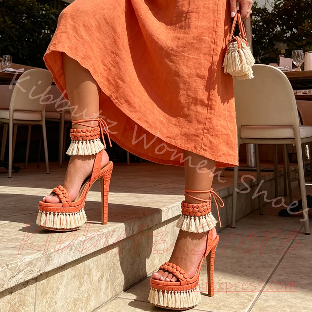 Womens Boho Platform Sandals Fringe Tassel Ankle Wrap Lace Up Open Toe High Stiletto Summer Vacation Party Braided Leather Sexy