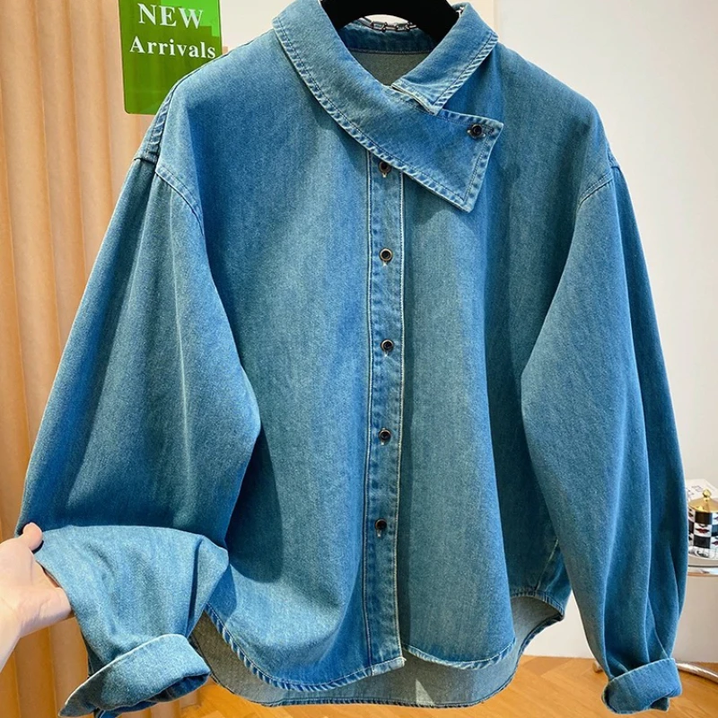 Korean Blue Denim Shirt For Women In Autumn 2025 Retro Casual And Lazy Style Layered Long Sleeved Top  Women's Blouse