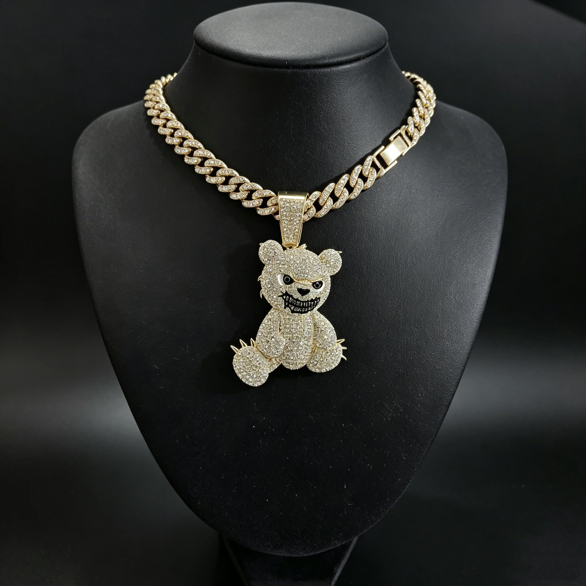 This is a dazzling and personalized men's necklace featuring a mischievous bear pendant. It's a perfect gift for family members