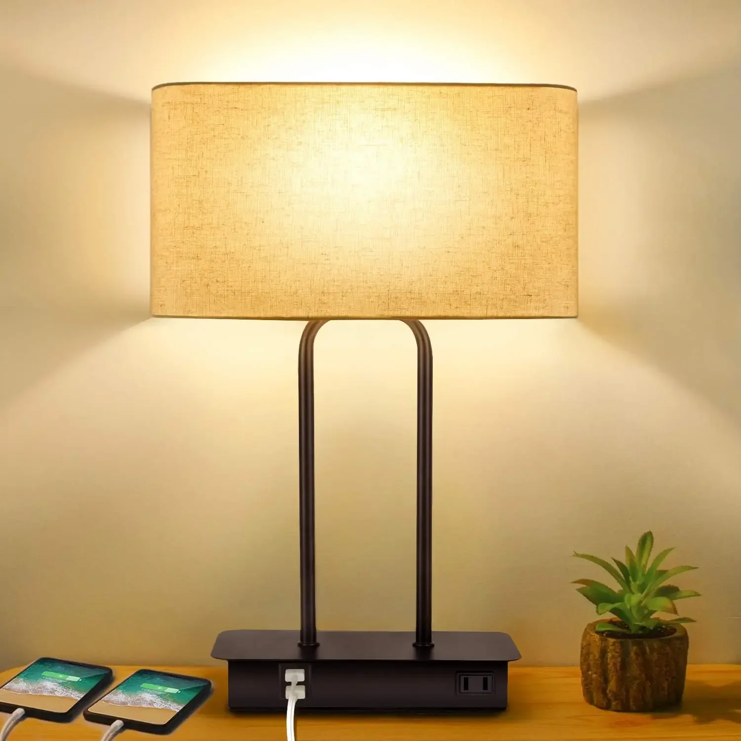 

3-Way Dimmable Touch Control Table Lamp with 2 USB Ports and AC Power Outlet Modern Bedside Nightstand Lamp Fabric Shade an