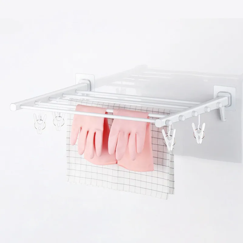 2023 Indoor Bathroom Folding Towel Bar Non-Trace Tape with Sock Clip Balcony Simple Telescopic Invisible Drying Rack Organizatio