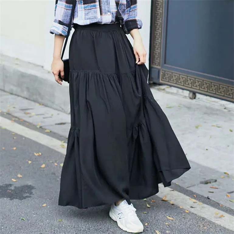 2024 Spring Autumn Women High Waist Pleated cotton linen skirts, fashion Korea casual long maxi skirts plus size party vestidos