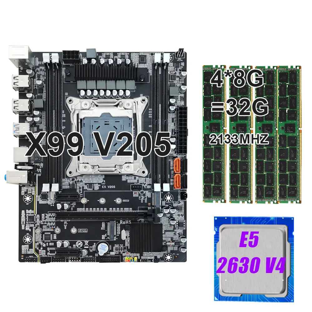 KEYIYOU-Kit de placa base X99 V205, LGA 2011-3, procesador CPU Xeon E5 2630 V4, DDR4 ECC, 32GB de memoria RAM, NVME, SATA