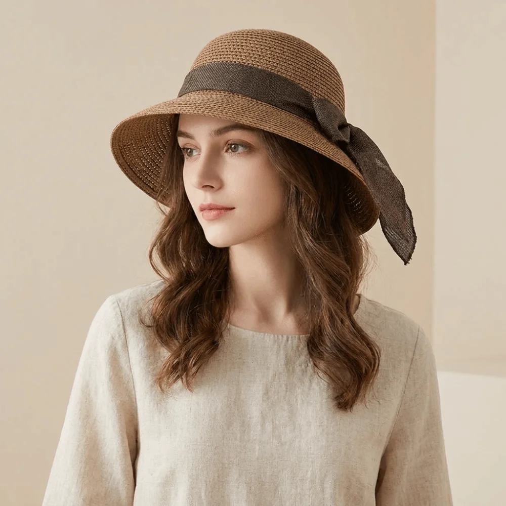 Basin Cap Portable Straw Weaving Beach Hat Foldable Hollow Out Big Brimmed Woven Cap Polyester Lightweight Bucket Hat Travel