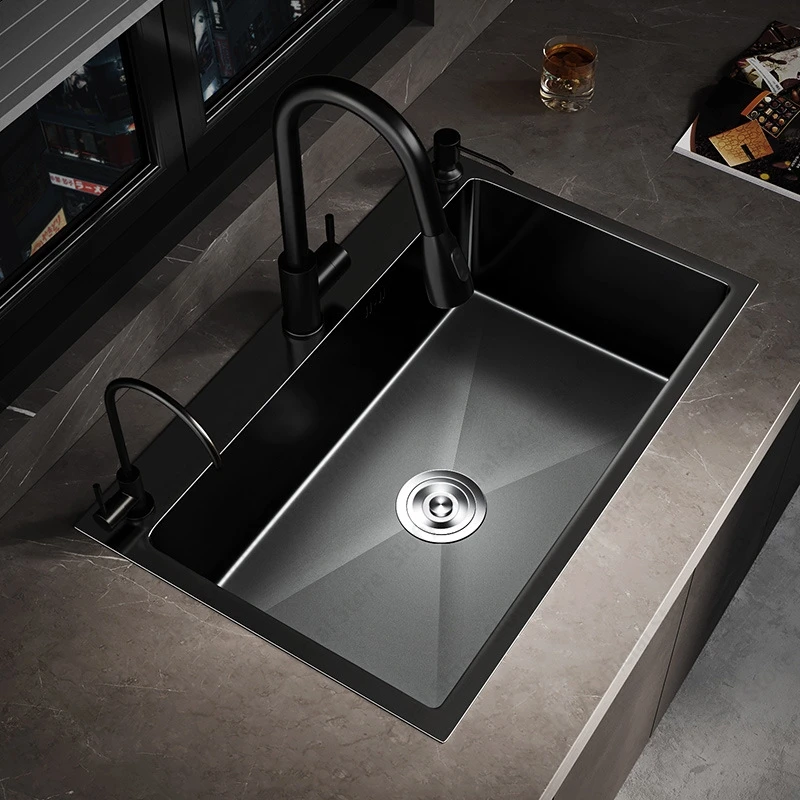 Black Kitchen Sink Large Capacity Single Bowl Stainless Steel Thickened Handmade Multifunctional Basin With Multiple Accessories