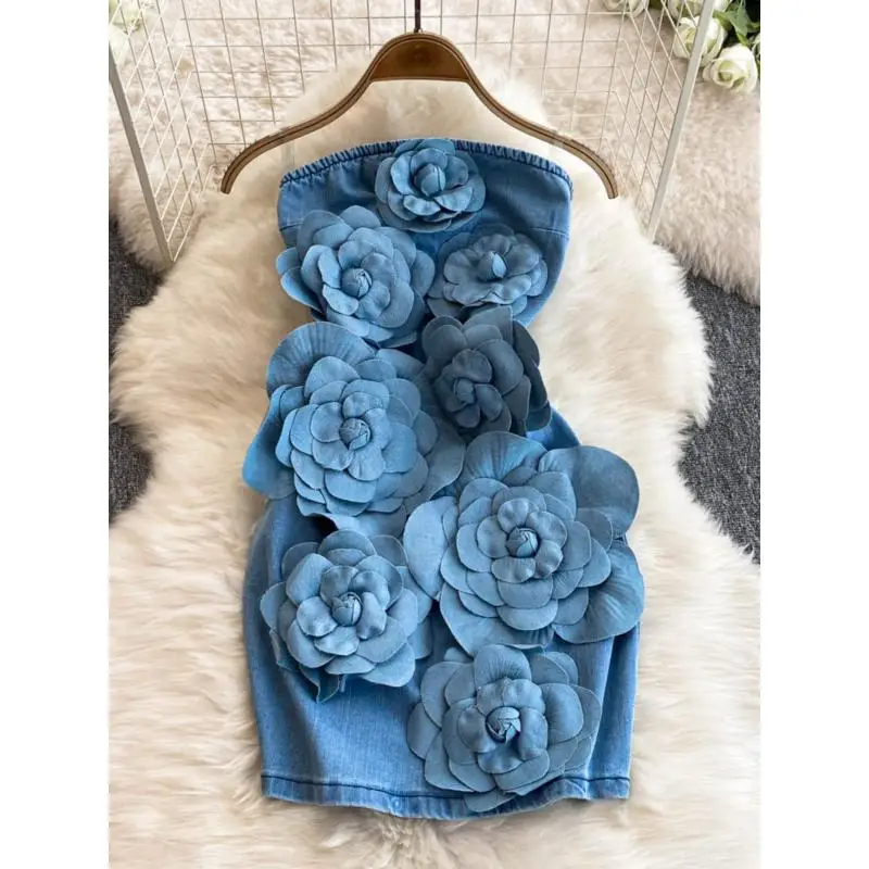 

Elegant And Beautiful Women's Dresses Three Dimensional Large Flower Slimming Waisted Evening Party Denim Fashion Summer Dresses