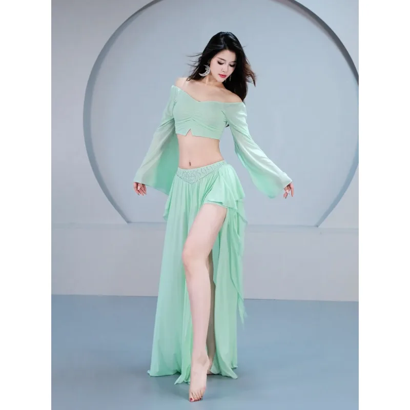 Customized Belly Dance Costume Women Oriental Dance Set Long Sleeved Practice Outfit Lotus Leaf Ribbon Class Outfit 2Pcs