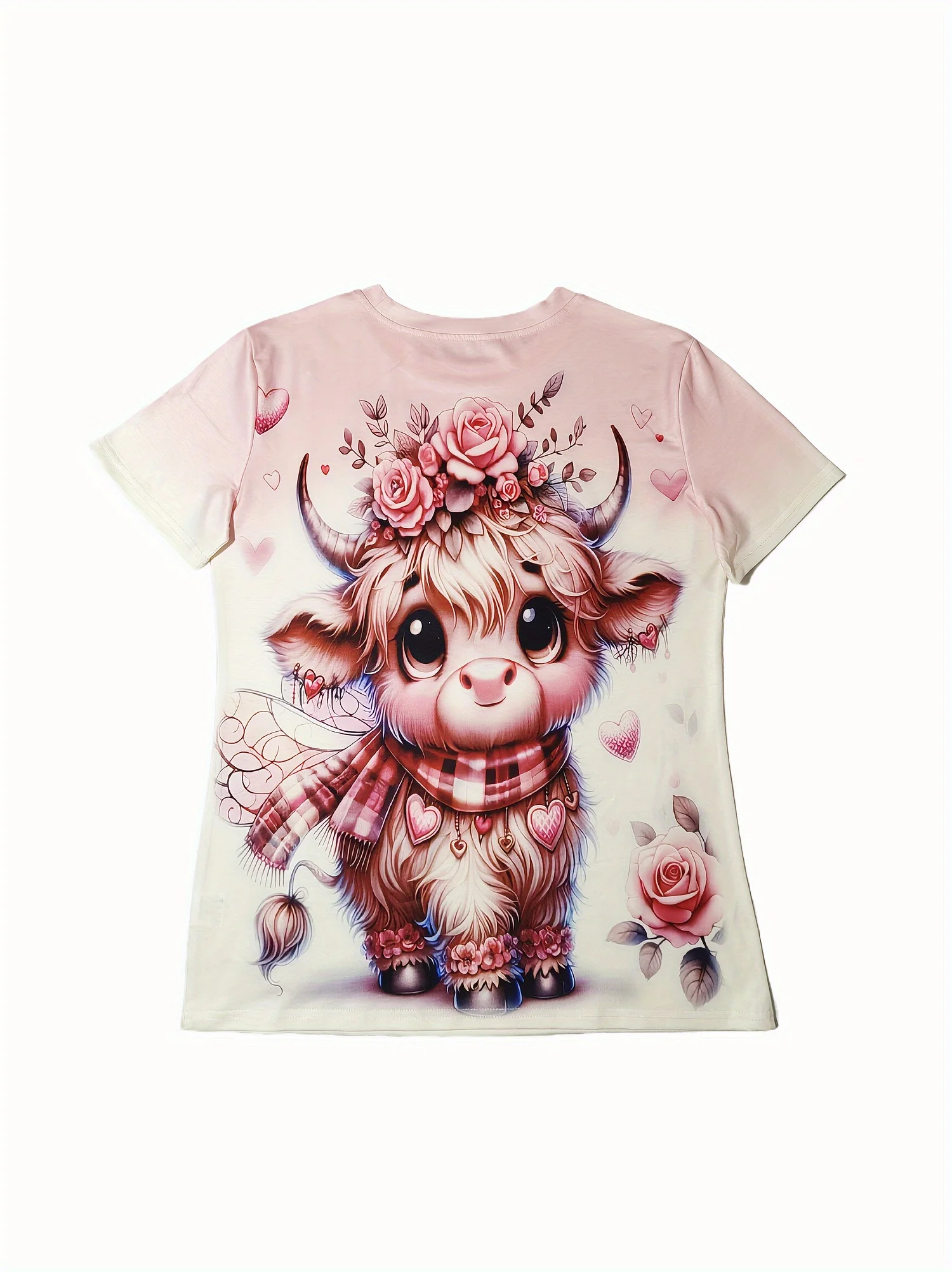 Pastel Pink Floral Cow Women's Tee - Cute Fluffy Calf & Rose Heart Graphic, Sweet Romantic Print Design for Casual Daily Wear