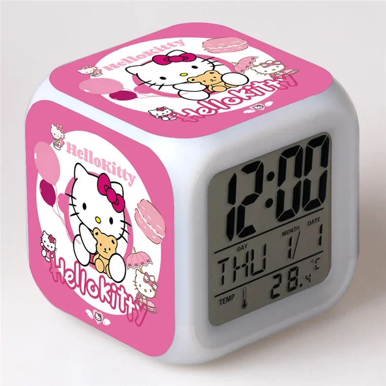 

8cm In Stock Sanrio Alarm Clock Night Light Colorful Changing Alarm Clock With LED Flash Light Model Toy For Kid Student Gift