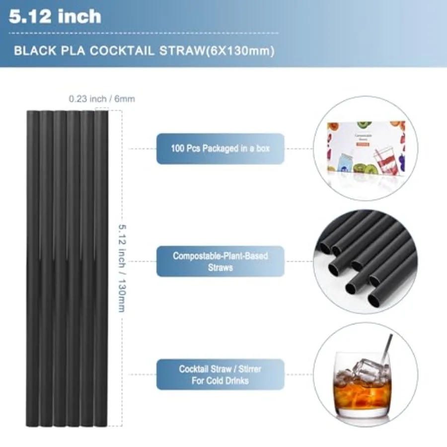 [100 Pcs] Black Biodegradable Cocktail Short Straws - 5.12 Inch Disposable Compostable PLA Plant Based Drinking Straws for Whis