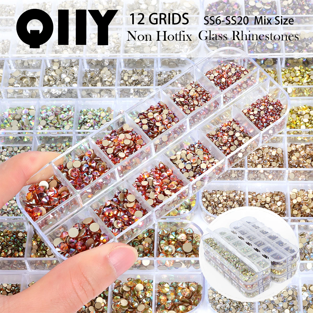 

Стразы QIIY SS6-SS20 разных размеров, 12 ячеек, стеклянные, с золотистым основанием, плоские, для дизайна ногтей, рукоделия и декора одежды.
