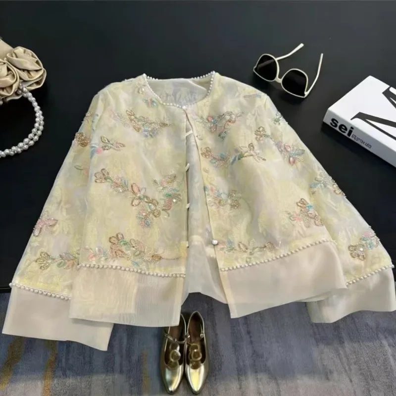 Women Chinese Style Beaded Embroidery Jacket Heavy Work Lace Sun Protection Cardigan Long Sleeve For Spring Summer