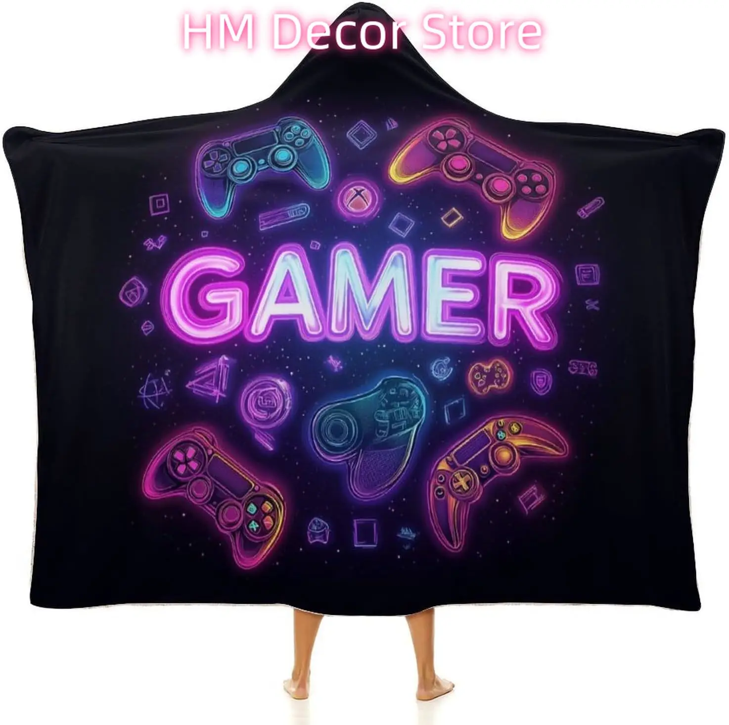 Gamer Controller Wearable Blanket, Gamer Gifts for Boys Kids Teens Men Adults, Cozy Flannel Gamepad Hooded Blanket Game Decor fo