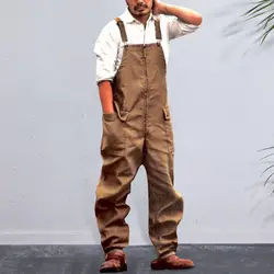 Men Denim Jumpsuit Casual Retro Style Loose Fit Overalls With Large Pockets Soft Thick Fabric Cargo Jumpsuit