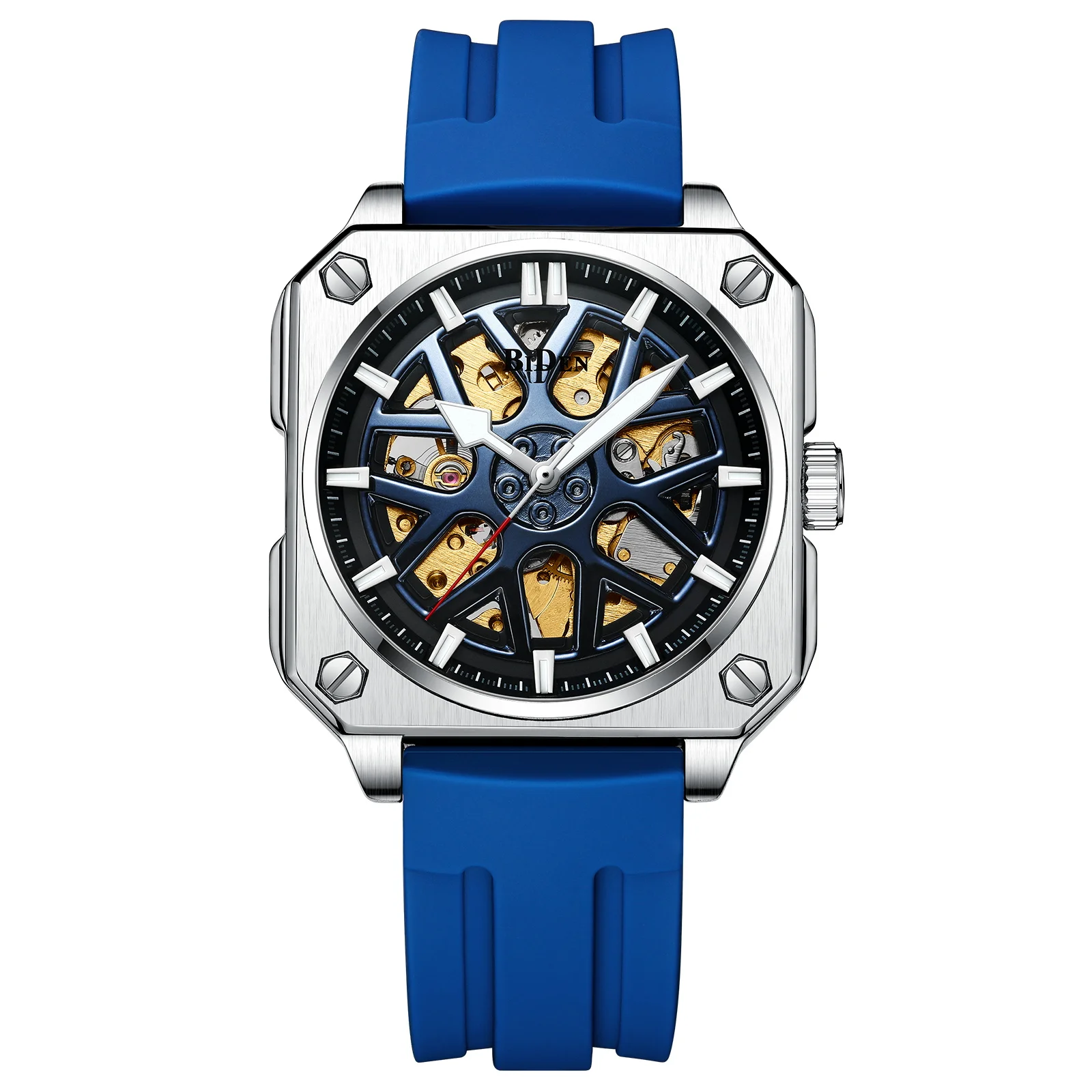 

BIDEN Men's mechanical watch, hollowed out fashion, fully automatic movement, waterproof, silicone strap, free box