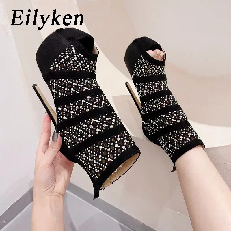 

Eilyken/Дизайнерские женские ботинки на высоком каблуке и платформе, украшенные кристаллами; Весенняя женская обувь на молнии с открытым носком для ночного клуба и вечерние