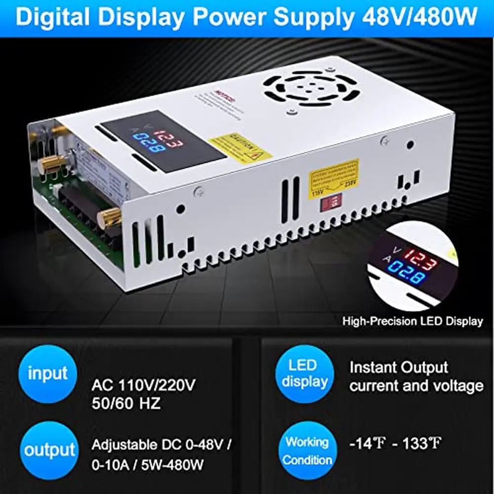 Adjustable 110V 48V Power Supply 480W 10A with LED Screen Overload Protection Cooling Fan Ideal RV Car LED Strip Light CCTV