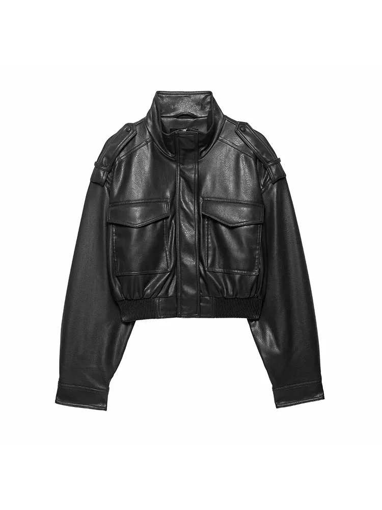 Women 2025 Autumn Winter New Vintage Zippers Short Leather Jackets Women Casual Lapel Button Pockets Full Sleeve Coat Streetwear