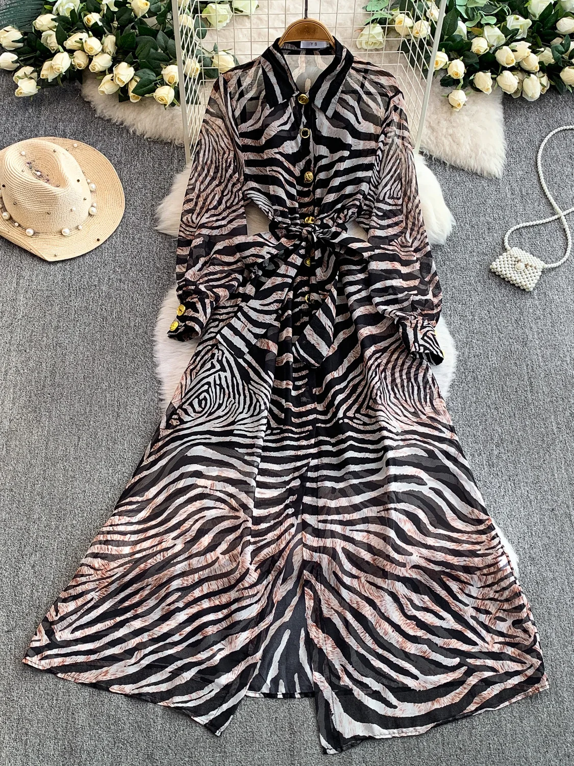 Ele Zebra-Print Umlegekragen irt Dr Damen Herbst Metall Bule Taillenbetonter langer Rock Faionable Maturi S...