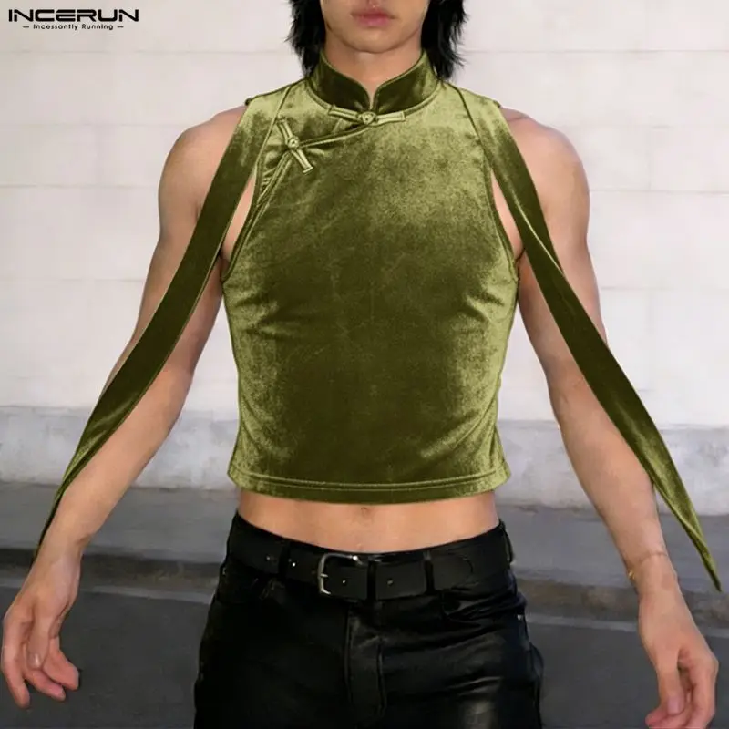 INCERUN Men Tank Tops Solid Color Velour Stand Collar Sleeveless Men Vests With Belt 2026 Streetwear Vintage Men Crop Tops S-3XL