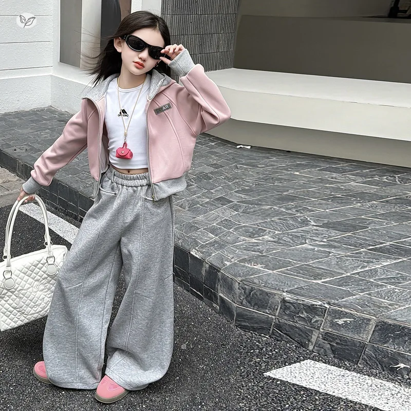 Autumn teen Girl Leisure Sports clothes Set,pink hooded jacket,sports pants 2pcs junior kid Sportswear suit child outfits 4-14
