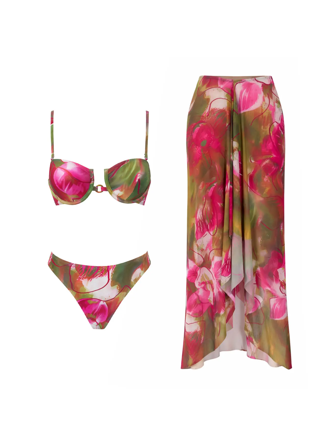 

Цветочный комплект из 3 предметов: сексуальный купальник-бандо 2026, женское бикини пуш-ап, пляжный костюм, пляжная одежда