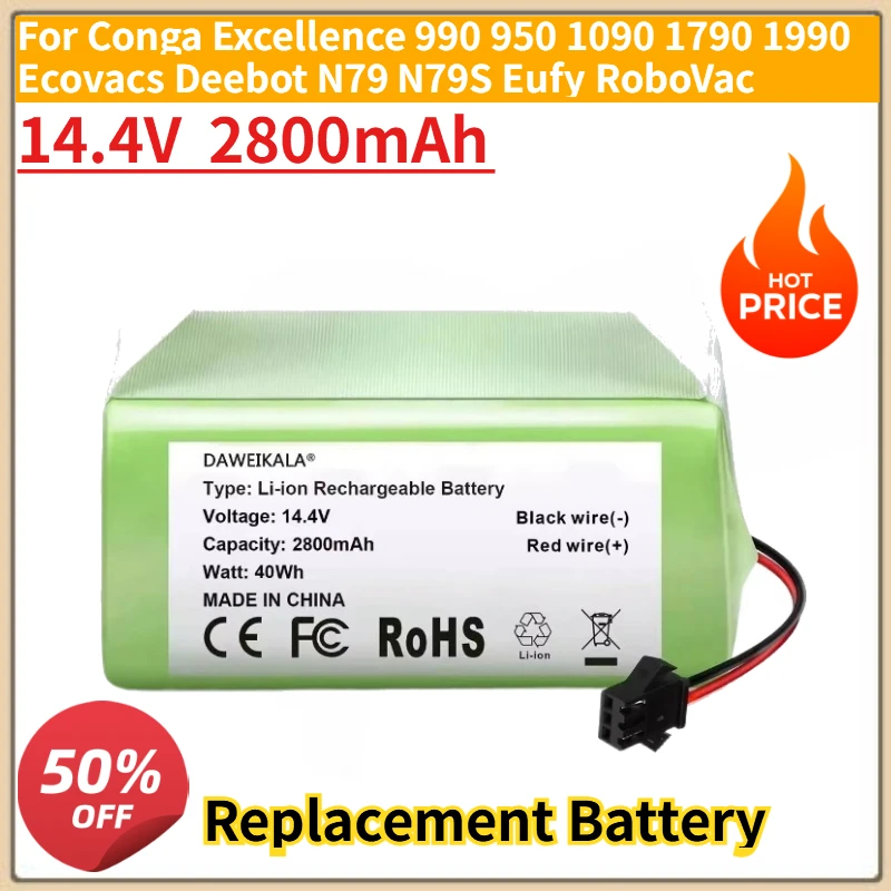 

New 14.4V 2800mAh Li-ion Replacement Battery for Conga Excellence 990 1790 950 1090 1990 Ecovacs Deebot N79 N79S Eufy RoboVac