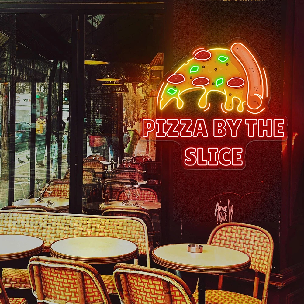 Pizza By The Slice Neon Sign Custom Pizza Shop Food Store Wall Decoratiob Neon Sign Restaurant Kitchen Decor Welcome Led Light