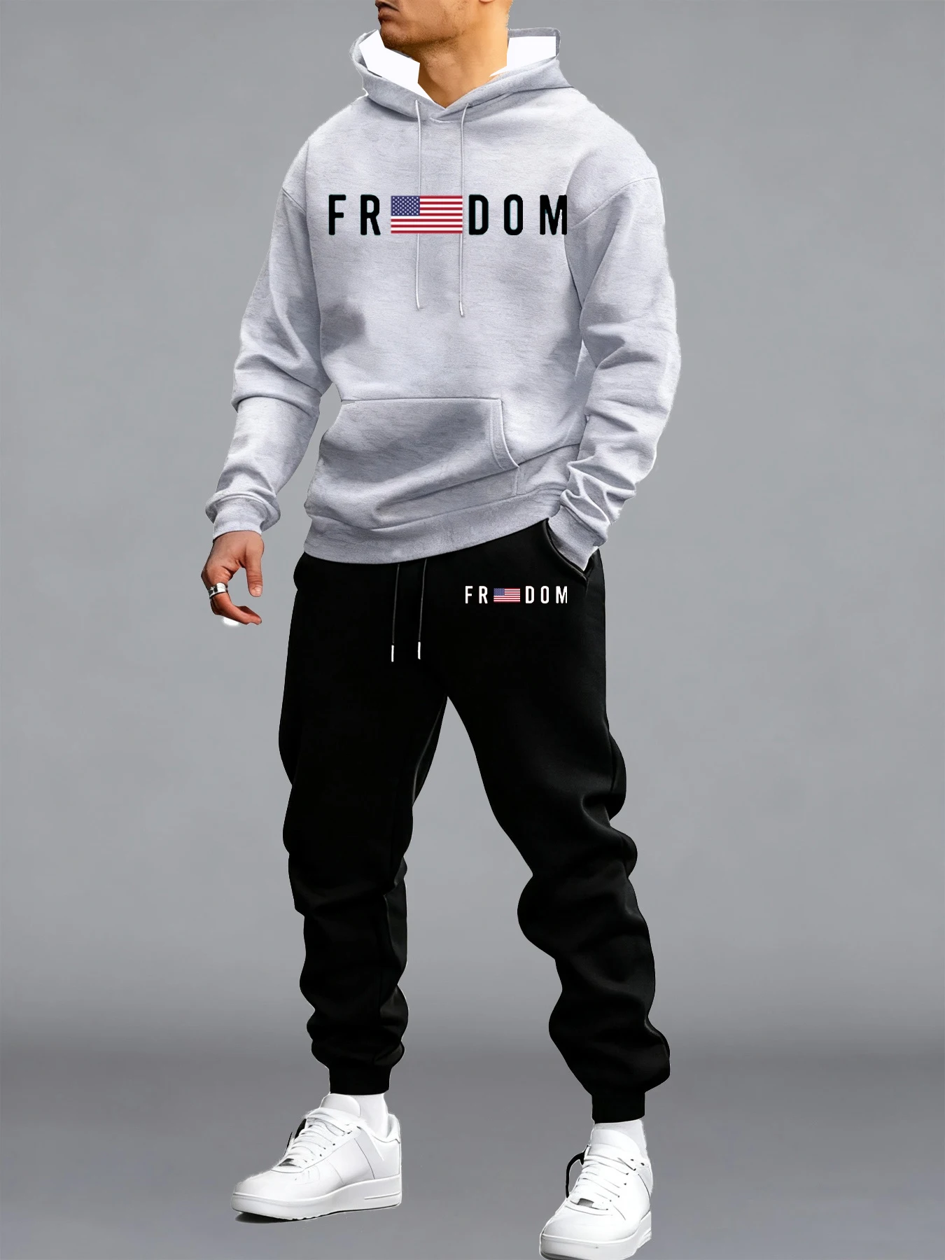 

FREEDOM модная универсальная повседневная мужская толстовка с принтом в стиле ретро, свободные уличные удобные осенние длинные брюки с капюшоном, комплект из 2 упаковок