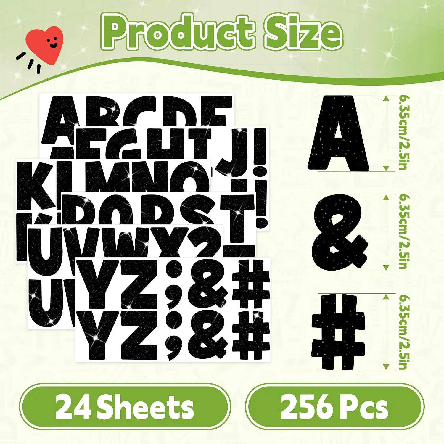 256Pcs 2.5 Inch Black Glitter Bulletin Board Letters, 24 Sheets Self‑Adhesive Large Alphabet Stickers for Poster, Mailbox