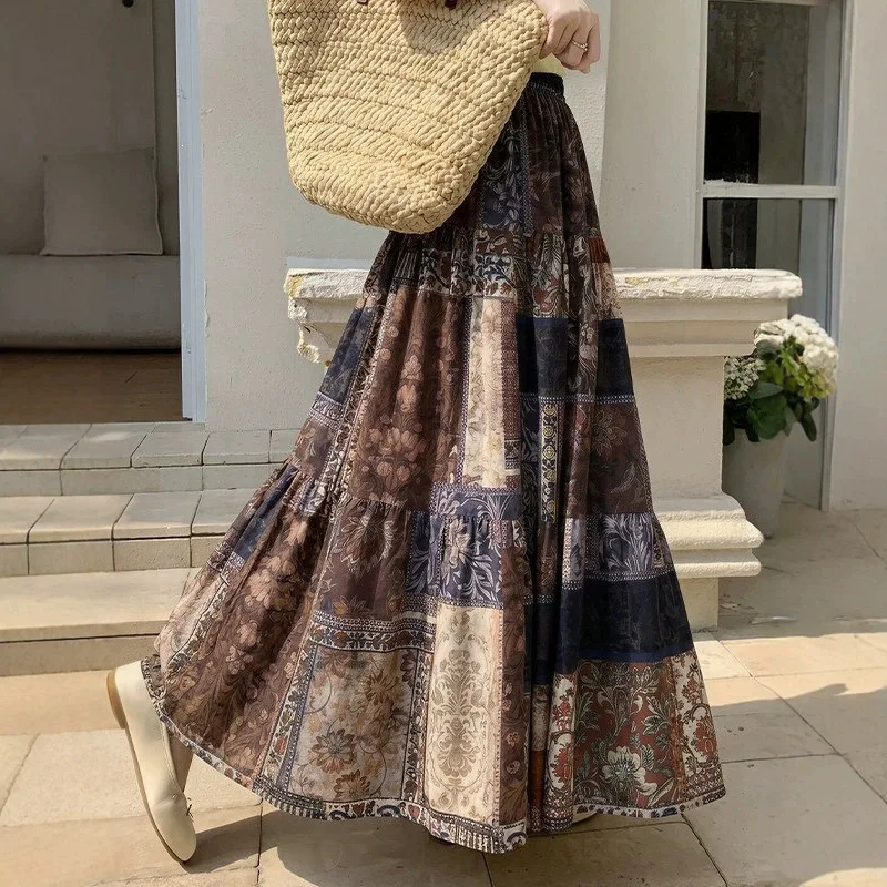 Elegant Floral Cotton Silk Half Skirt Spring Summer Loose Fit Asymmetrical Large Swing Skirt plus Size Casual mid Waist