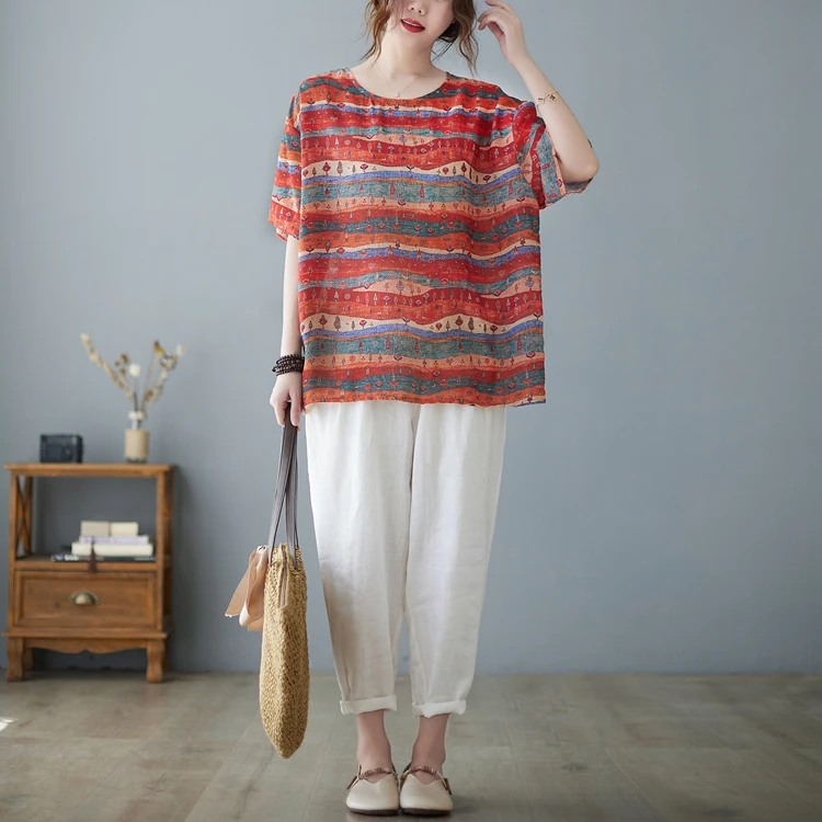 

Женская летняя футболка больших размеров ort Sve, художественная утягивающая хлопково-льняная футболка, круглый повседневный удобный топ