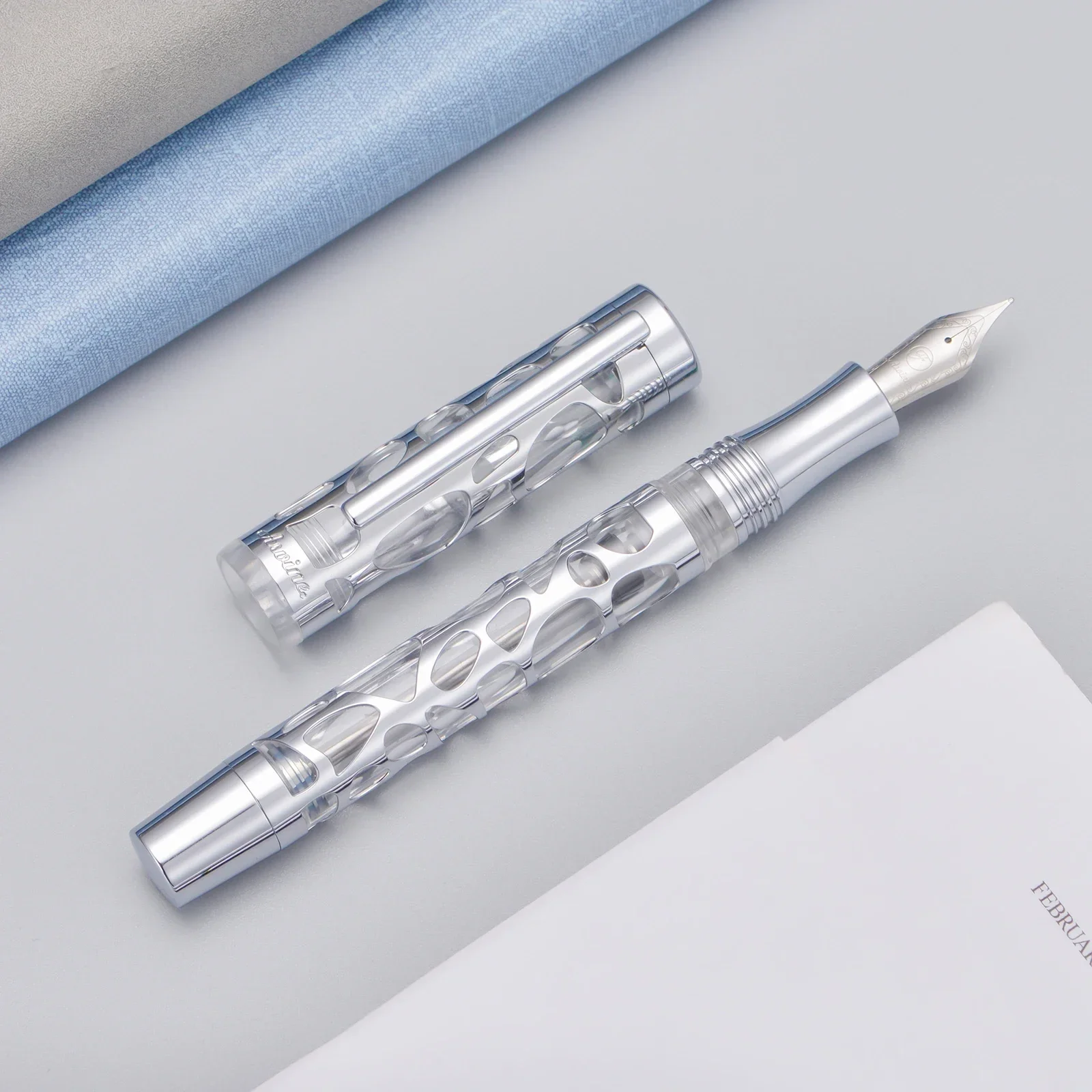 Asvine V169 Vacuum Filling Fountain Pen Silver Transparent Acrylic Hollow Carved EF/F/M Writing Pen Gift