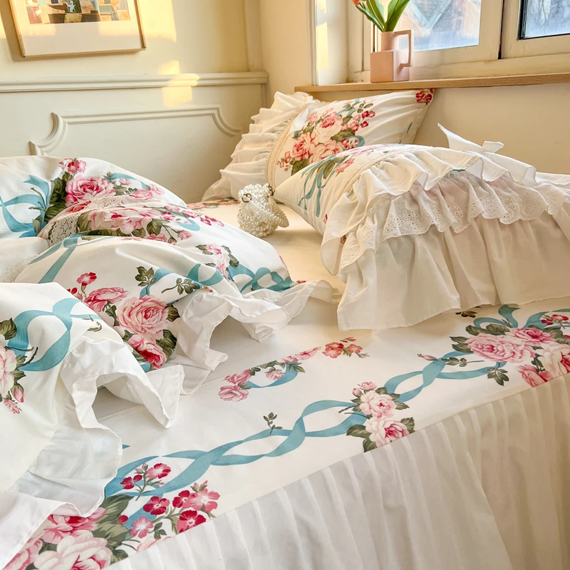 White Lace Flowers Printing Duvet Cover Set 100% Cotton Korean Style Princess Ruffles Bedding  Bed Skirt Bedspread Pillowcases