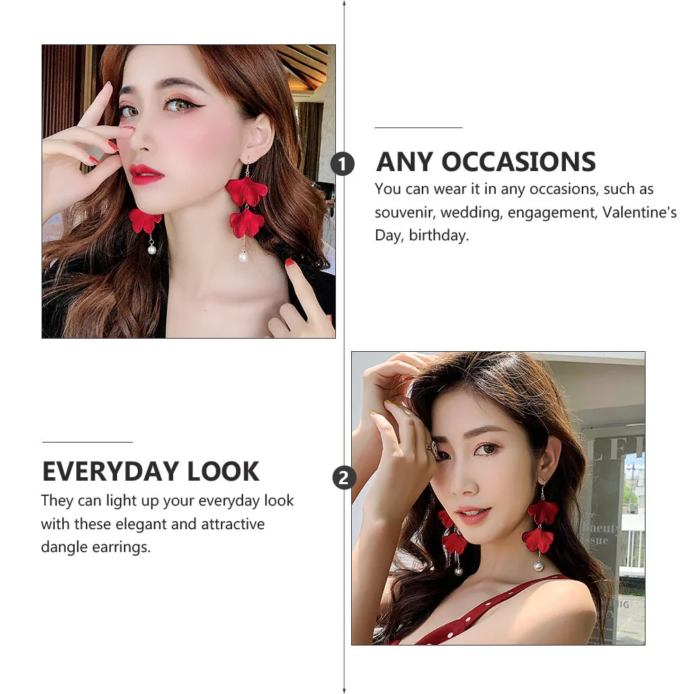 

1 Pair Red Ginkgo Leaf Pearl Earrings Chic Ear Pendant For Wedding Party Daily Wear Hypoallergenic Fashionable Eardrops