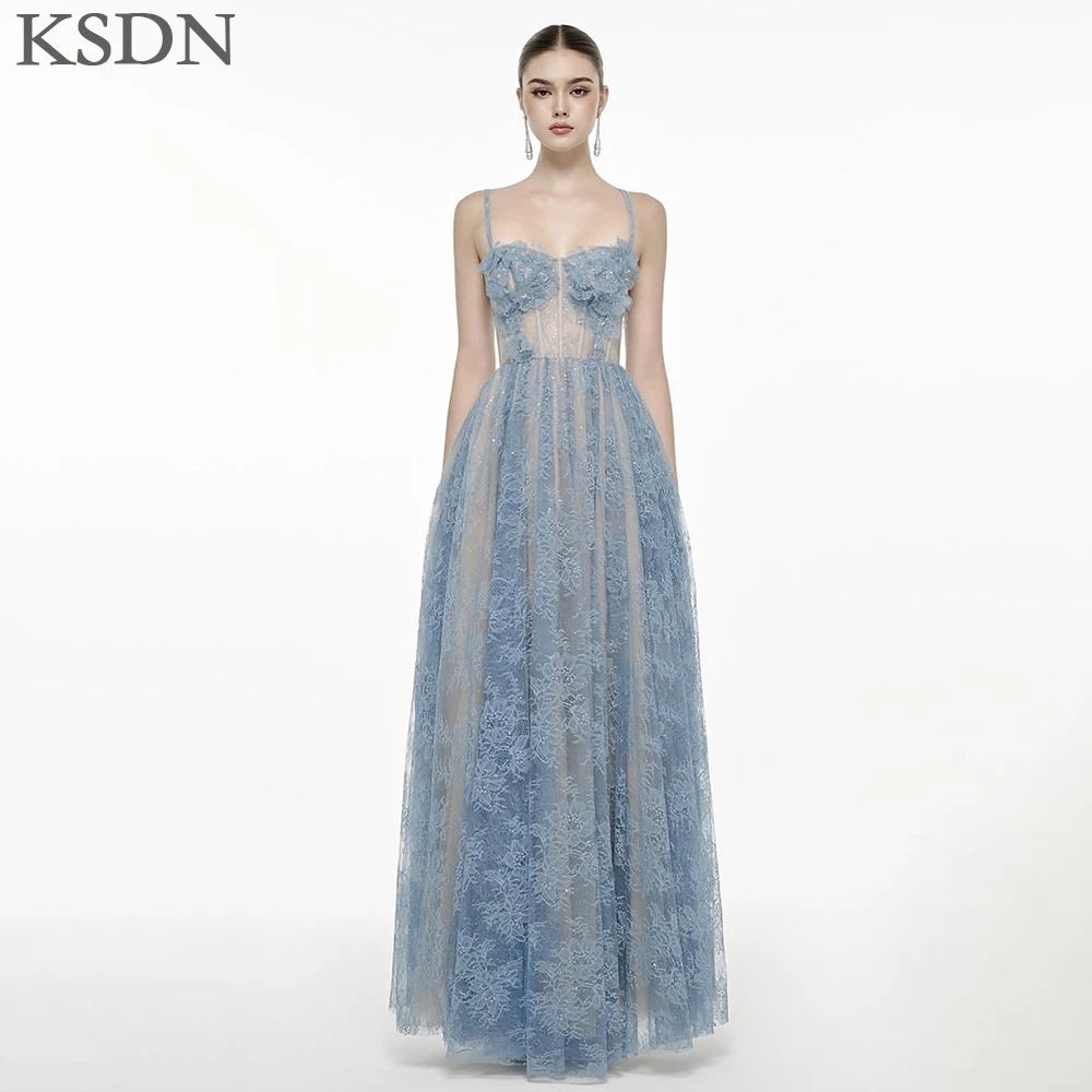 KSDN élégant Spaghetti sangle robes de soirée de luxe dentelle longueur de plancher drapé sans manches robes personnalisé Illusion robe robes