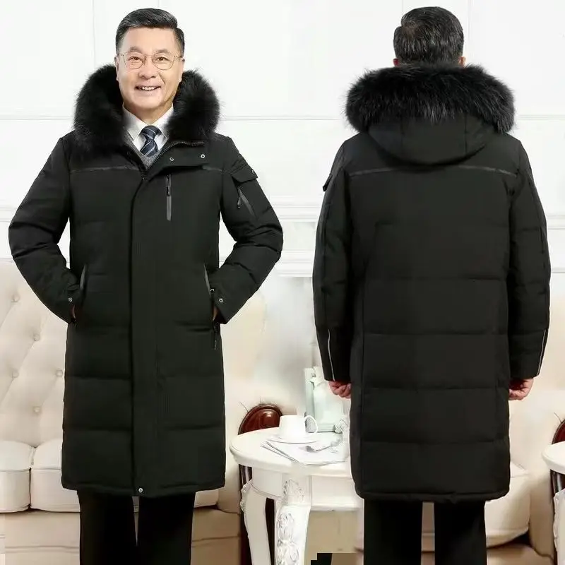 

Новая утолщенная и теплая зимняя куртка для отца среднего и пожилого возраста с пуховиком средней длины, которая досягает колени