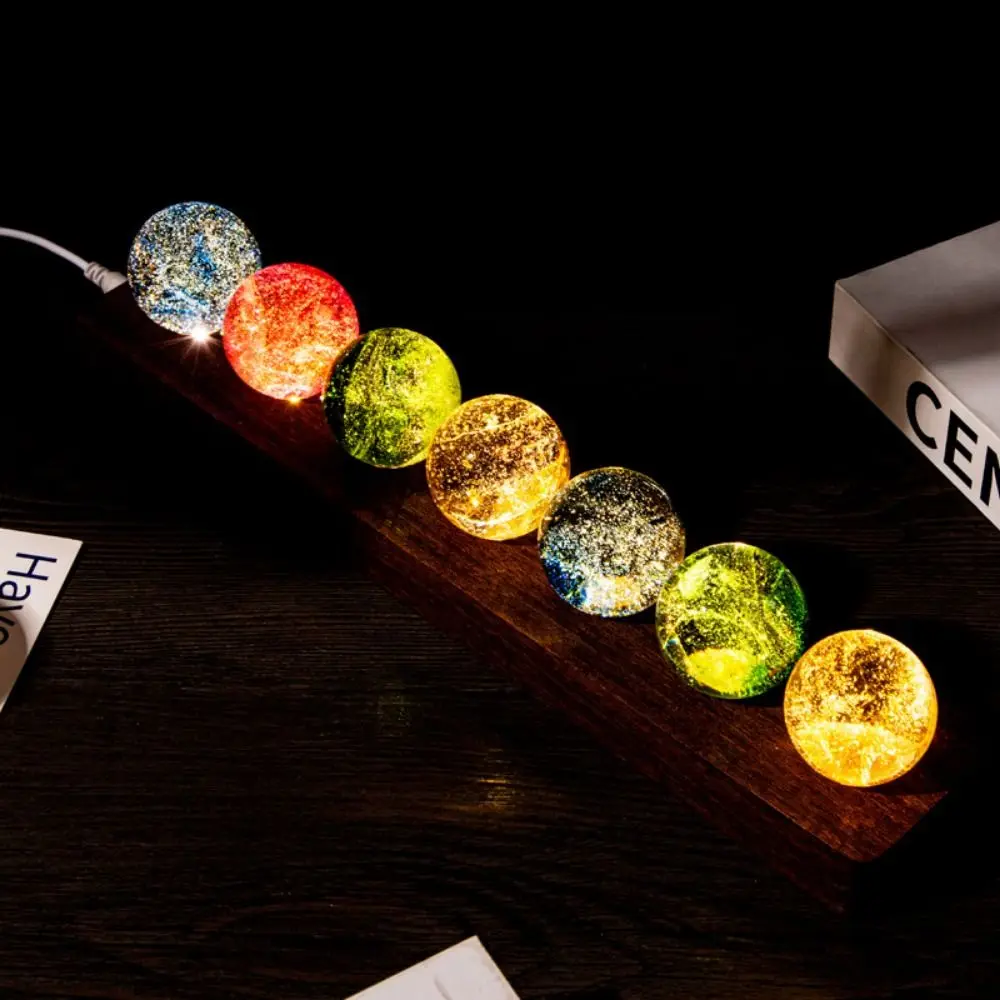 LED Wood Stand 7 Colorful Glass Ball Detachable Rectangle/Round Base Crystal Ball Night Lamp Multi-purpose Durable