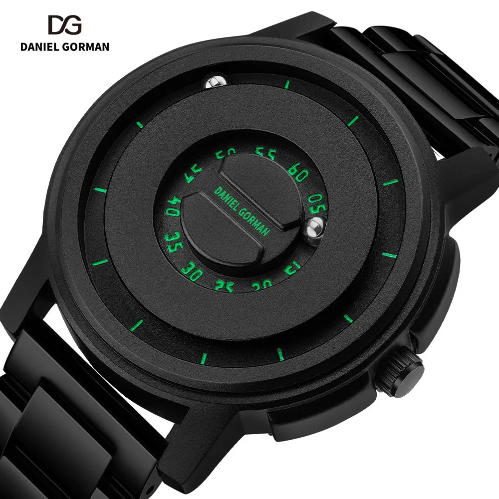 DANIEL GORMAN Black Green Quartz Watch Men Magnetic Driven Waterproof Wristwatch with Stainless Steel Band Beads Pointers 0118