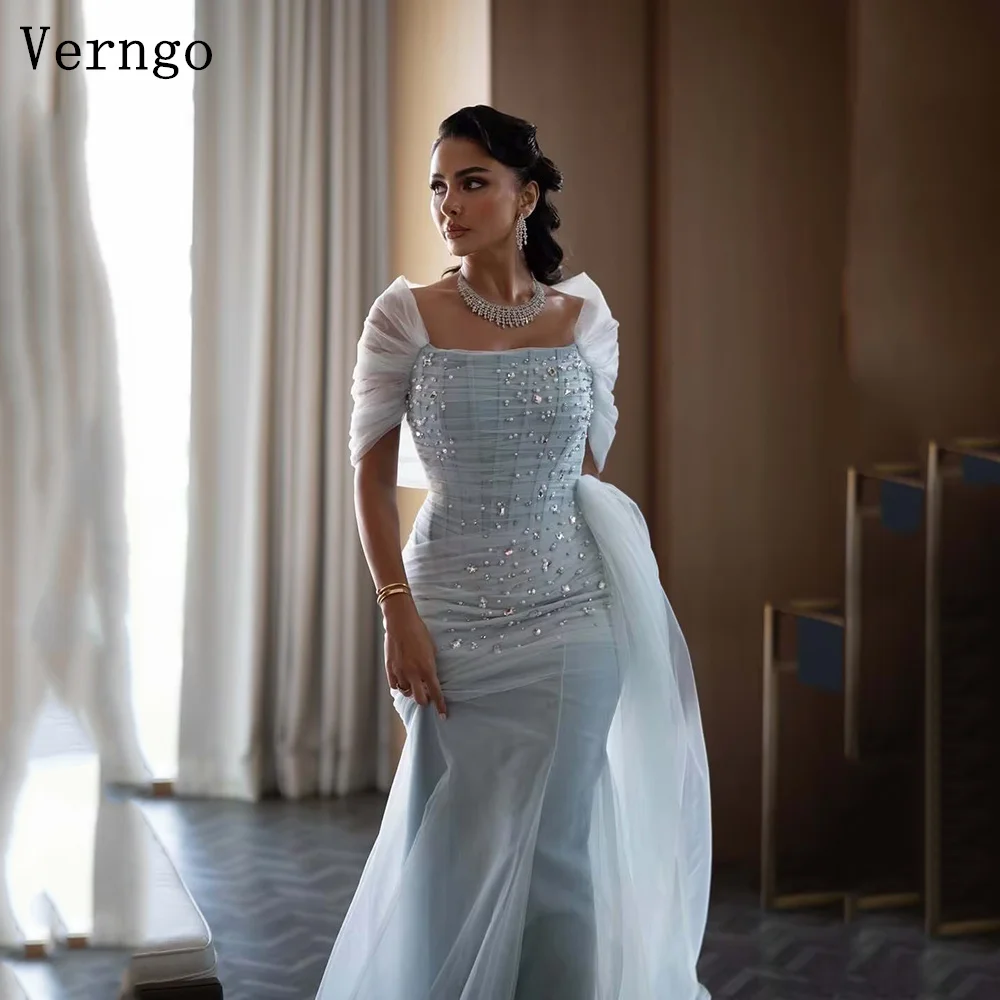 

Verngo Blue Sequined Tulle Evening Dress Off The Shoulder Mermaid Formal Occasion Dress Elegant Saudi Arabia Prom Gown Customize