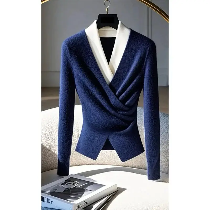 Design Blue Fake Two-Piece Sweater Women's Autumn And Winter New High-Grade Super Nice V-Neck Bottoming Sweater 2026