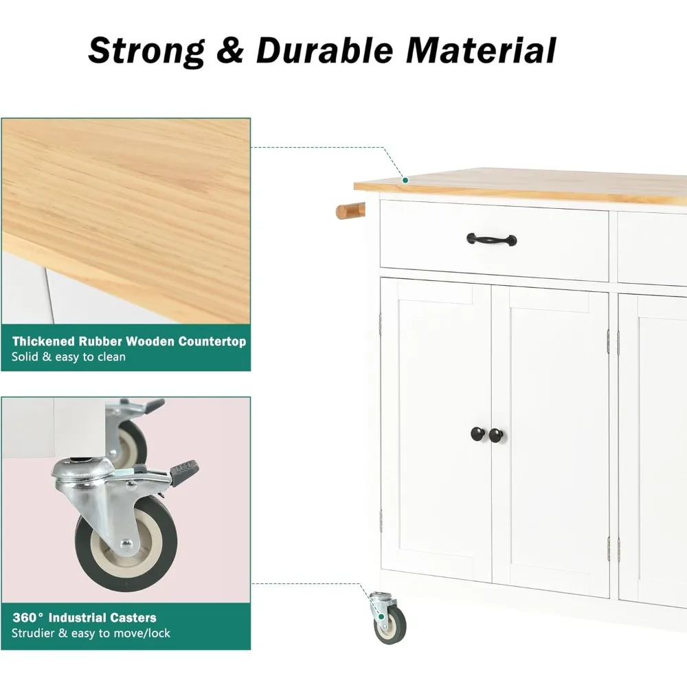 Kitchen Island on Wheels with Solid Wood Top, Large Rolling Kitchen Island Cart with 2 Drawers and 2 Cabinets, Portable Trolley