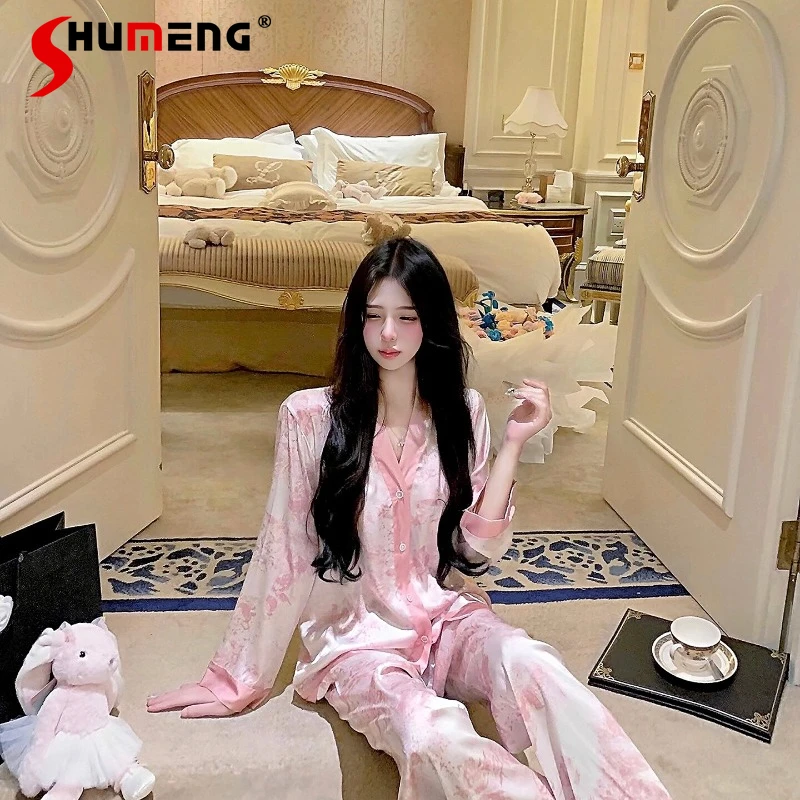 

Spring Autumn High End Temperament Homewear Set Lady Luxury Ice Silk Long Sleeve Pajamas Suit Women's Japanese Loungewear