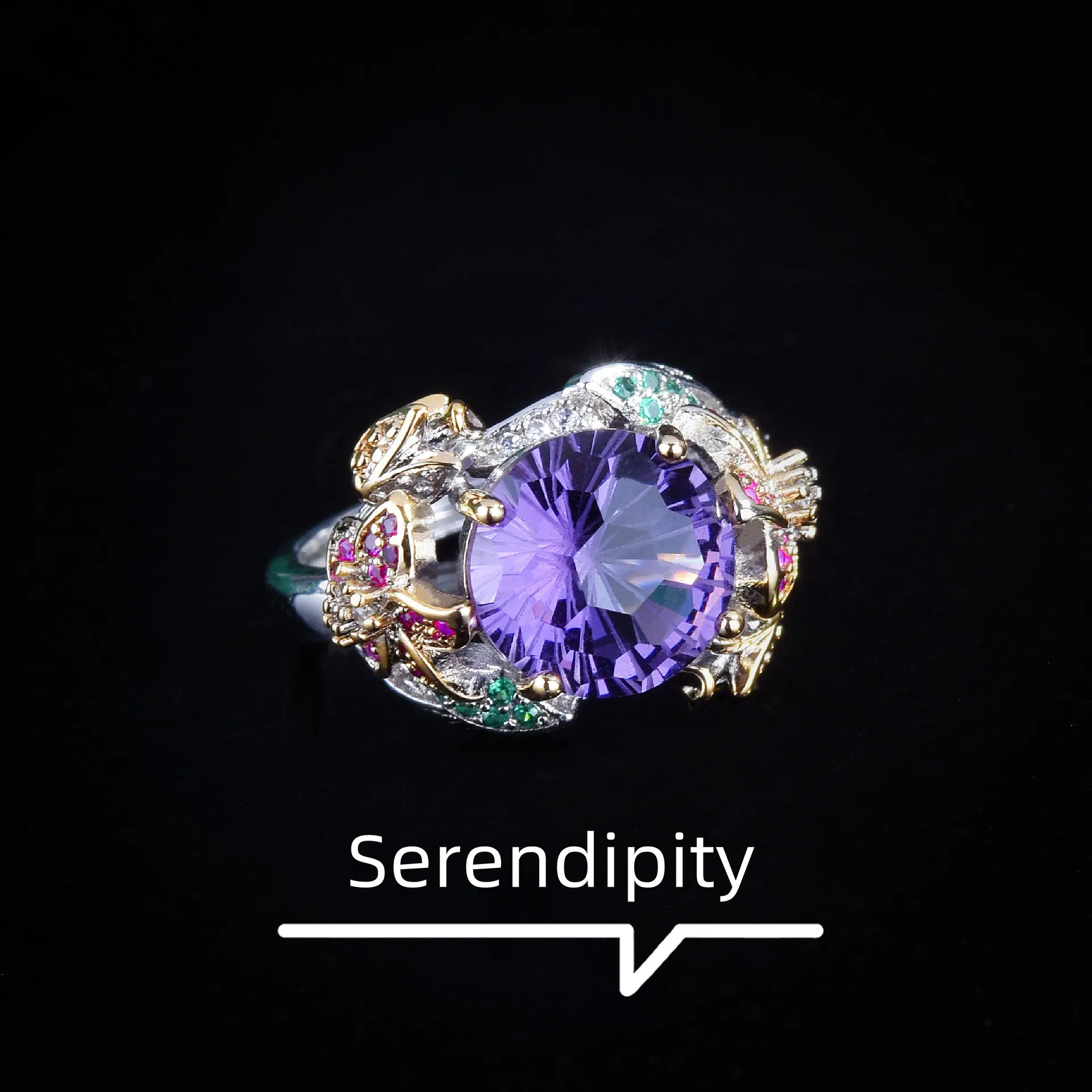 Adjustable Opening S925 Sterling Silver Ring Featuring Two Tone Gold Craft Handset Purple Diamond And Colorful Details