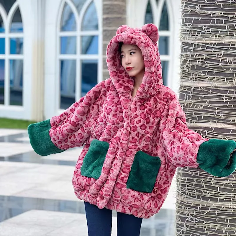 2022 New Real Featured Rabbits Leopard Fur Coats Women\'s Hooded with Lovely Eers Loose Wide Mid-length Coat Simple Street Warm